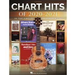 20 of the top hits of 2020 into 2021 arranged with vocal melody, lyrics, and chord diagrams for standard G-C-E-A tuning. Includes: Drivers License (Olivia Rodrigo) · Dynamite (BTS) · I Hope (Gabby Barrett) · Ice Cream (BLACKPINK & Selena Gomez) · Kings & Queens (Ava Max) · Monster (Shawn Mendes & Justin Bieber) · Positions (Ariana Grande) · Therefore I Am (Billie Eilish) · Watermelon Sugar (Harry Styles) · Willow (Taylor Swift) · and more.
