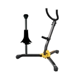 The HERCULES Saxophone Multi-Stand DS533BB features a folding yoke, an adjustable backrest, and locking pins that all safely and securely hold a Tenor or Alto Saxophone; includes an additional peg for a Soprano Saxophone.