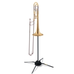The HERCULES TravLite Trombone Stand DS420B folds easily and compactly and stores inside the bell of the instrument; velvet pads protect the instrument. Stand only.