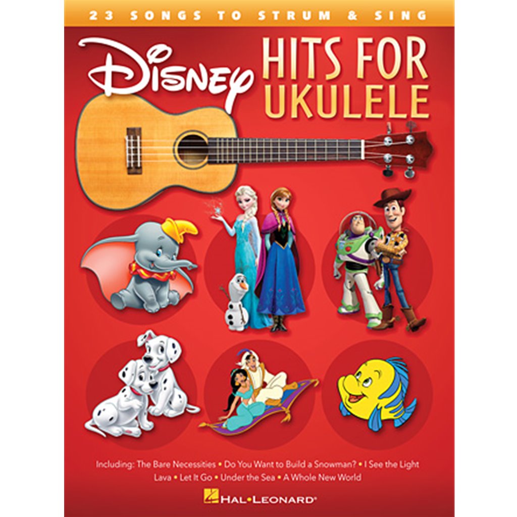 Play 23 of your favorite Disney songs on your ukulele. Includes: The Bare Necessities · Cruella De Vil · Do You Want to Build a Snowman? · He's a Tramp · I See the Light · Kiss the Girl · Lava · Let It Go · Once upon a Dream · So This Is Love (The Cinderella Waltz) · Under the Sea · When She Loved Me · A Whole New World · and more.