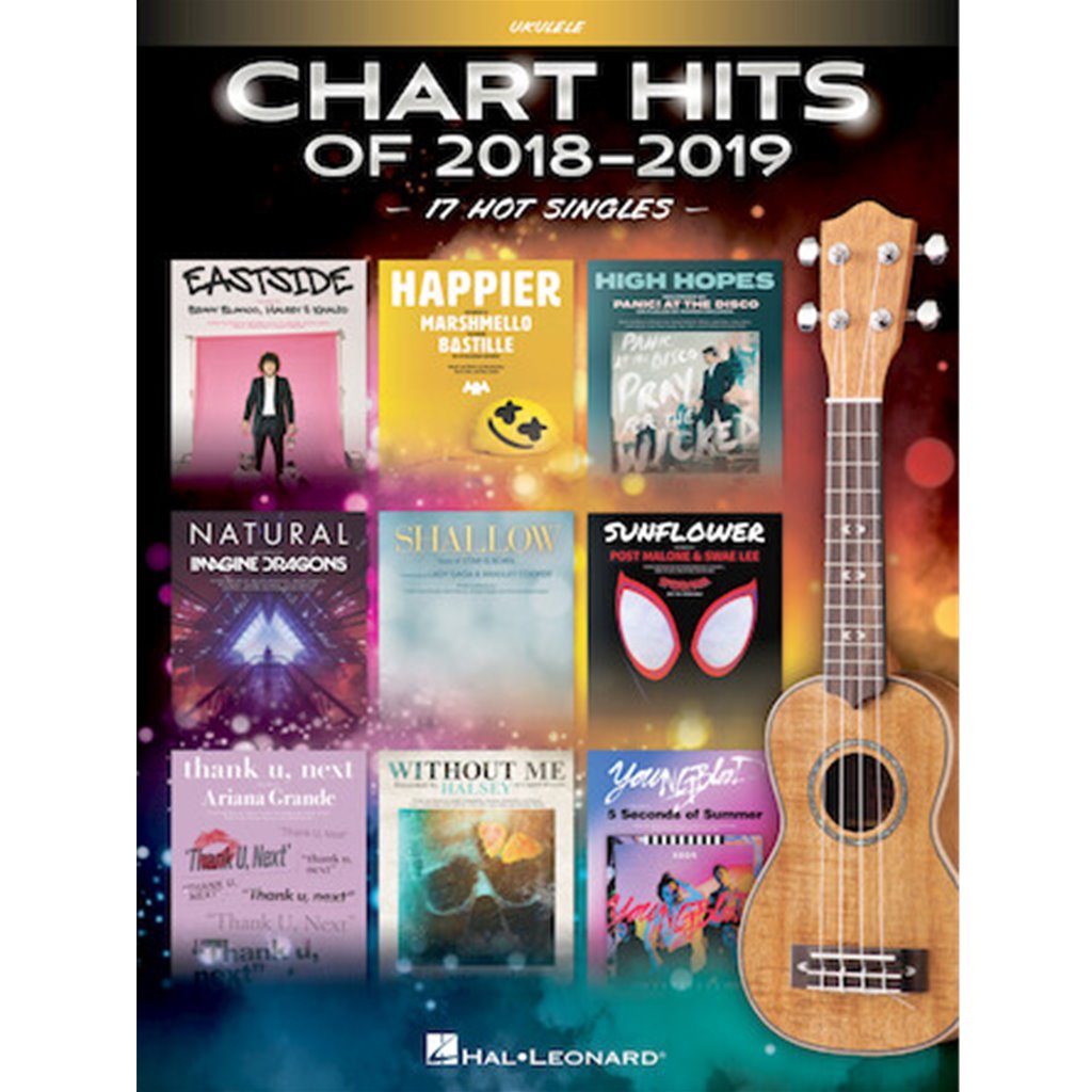 17 hot singles from 2018-2019 arranged for ukulele: Eastside (Benny Blanco, Halsey & Khalid) · Happier (Marshmello feat. Bastille) · High Hopes (Panic! At the Disco) · Natural (Imagine Dragons) · Shallow (Lady Gaga & Bradley Cooper) · Sunflower (from Spider-Man: Into the Spider-Verse) (Post Malone feat. Swae Lee) · Thank U, Next (Ariana Grande) · Without Me (Halsey) · Youngblood (5 Seconds of Summer) · and more.