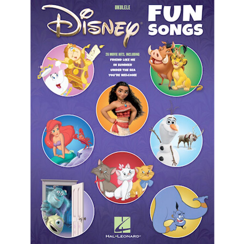 26 Disney movie hits in ukulele arrangements of melody, lyrics and chord diagrams for standard G-C-E-A tuning. Songs include: Be Our Guest · Ev'rybody Wants to Be a Cat · Friend like Me · Hakuna Matata · In Summer · A Spoonful of Sugar · Under the Sea · You're Welcome · and more.