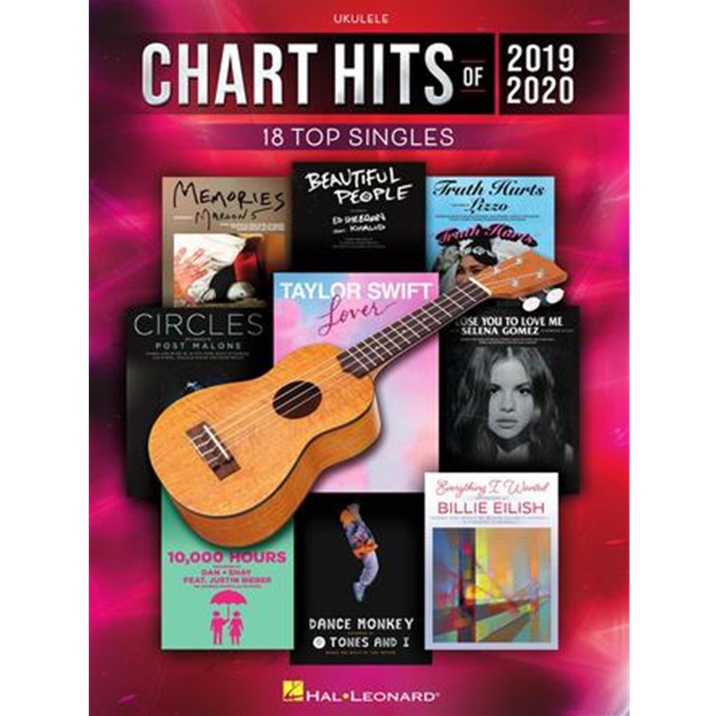 18 top singles arranged with melody, lyrics, and chord diagrams for standard G-C-E-A tuning. Songs include: Beautiful People (Ed Sheeran  feat. Khalid) · Circles (Post Malone) · Dance Monkey (Tones and I) · Everything I Wanted (Billie Eilish) · Lose You to Love Me (Selena Gomez) · Lover (Taylor Swift) · 10,000 Hours (Dan + Shay feat. Justin Bieber) · Truth Hurts (Lizzo) · and more.             <a href=https://open.spotify.com/playlist/4ldXuxAIKobWUOpKvmjAif target=_blank>Listen to a Spotify playlist of all the songs from this book!</a>