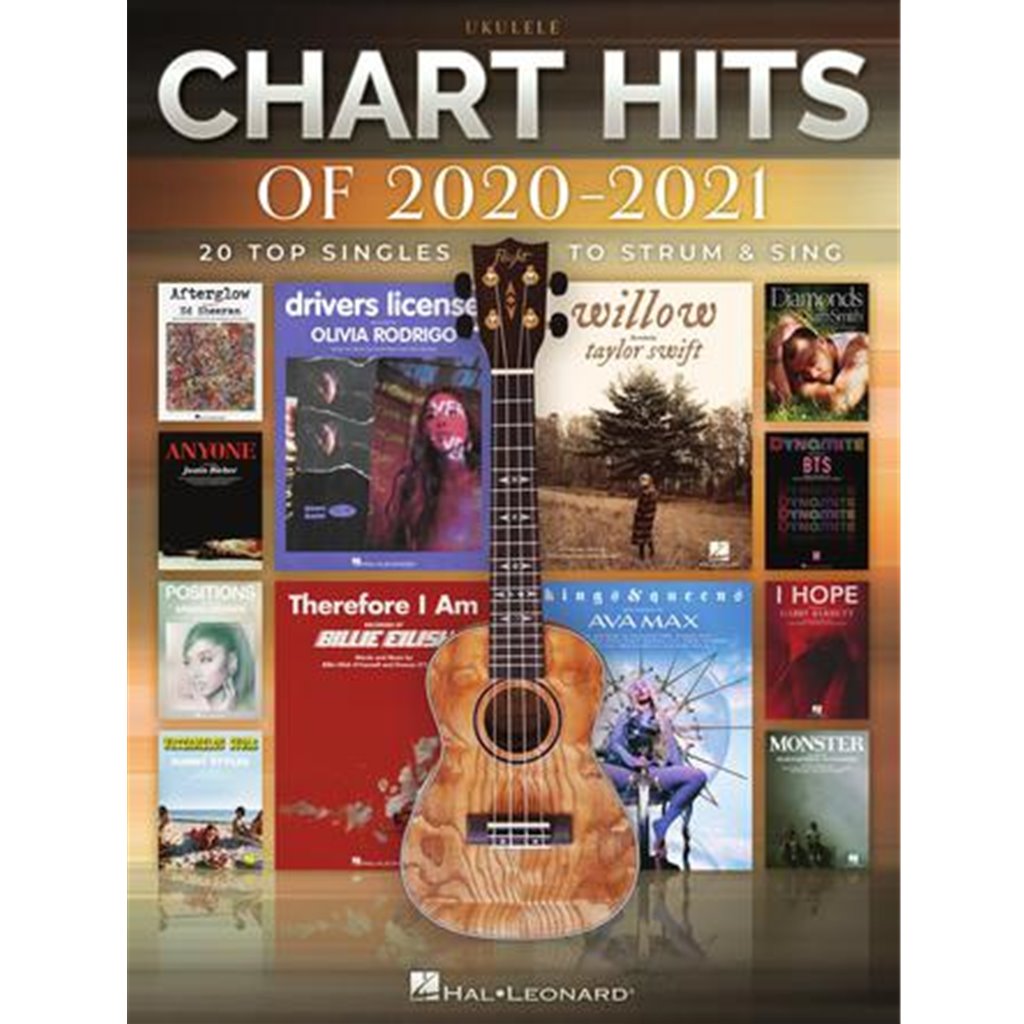 20 of the top hits of 2020 into 2021 arranged with vocal melody, lyrics, and chord diagrams for standard G-C-E-A tuning. Includes: Drivers License (Olivia Rodrigo) · Dynamite (BTS) · I Hope (Gabby Barrett) · Ice Cream (BLACKPINK & Selena Gomez) · Kings & Queens (Ava Max) · Monster (Shawn Mendes & Justin Bieber) · Positions (Ariana Grande) · Therefore I Am (Billie Eilish) · Watermelon Sugar (Harry Styles) · Willow (Taylor Swift) · and more.