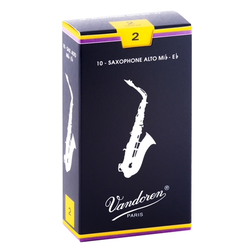 Vandoren Traditional 2 Alto Sax Reed, 10 Pack
"Designed with a thin tip for a pure sound."
French File cut for added flexibility
Extra wood at the spine balances the thin tip
The choice of classical saxophonists.
Box of 10 reeds