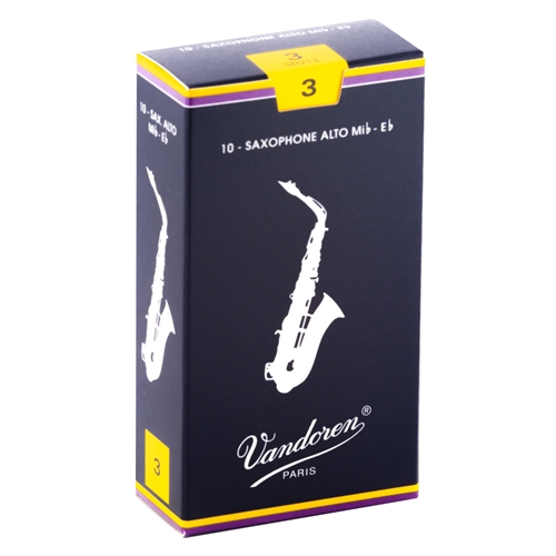 Vandoren Traditional 3 Alto Sax Reed, 10 Pack
"Designed with a thin tip for a pure sound."
French File cut for added flexibility
Extra wood at the spine balances the thin tip
The choice of classical saxophonists.
Box of 10 reeds