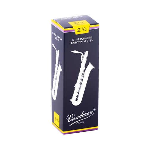 Vandoren Traditional 2.5 Bari Sax Reed, 5 Pack.
"Designed with a thin tip for a pure sound."
French File cut for added flexibility.
Extra wood at the spine balances the thin tip.
The choice of classical saxophonists.
Box of 5 reeds.