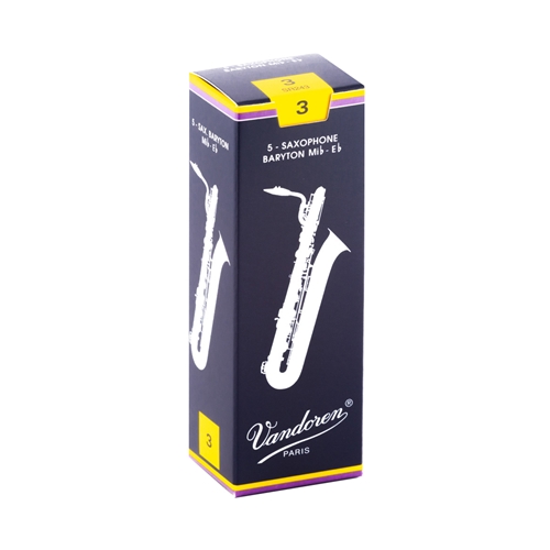 Vandoren Traditional 3 Bari Sax Reed, 5 Pack.
"Designed with a thin tip for a pure sound."
French File cut for added flexibility.
Extra wood at the spine balances the thin tip.
The choice of classical saxophonists.
Box of 5 reeds.