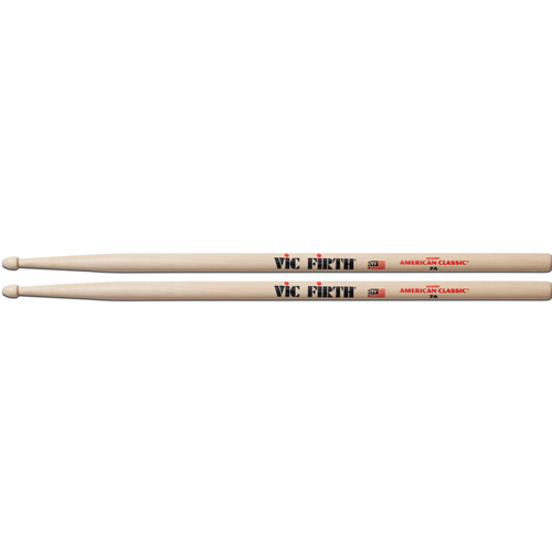 Vic Firth 7A Wood Tip Drumstick.
Perfect for light jazz and combo or whenever a fast, light touch is needed. Nylon tip adds crystal clarity to cymbals.
Perfect option for light jazz and combo.
Also great for moving quickly around the kit.
Tear drop tip.
Crafted from premium USA Hickory.