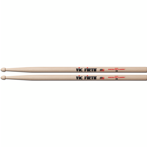 Vic Firth 2b Wood Tip Drumstick.
"2B ideal for heavy rock, band and practice!"
Wooden, tear drop tip.
Hickory is highly durable w/ little flex.
Wood tip offers traditional balance w/ full sound.