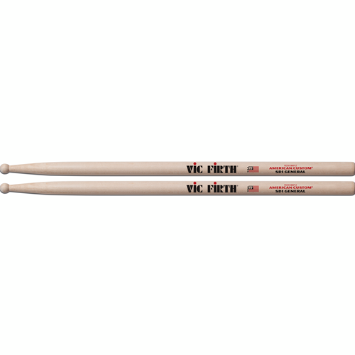 Vic Firth Wood Tip Drumsticks - SD1 General.
"Perfect for band - legendary practice stick!"
Round, wood tip for a fuller sound.
Maple for light/fast playing w/ flex & rebound.
A beefier stick without a lot of weight.