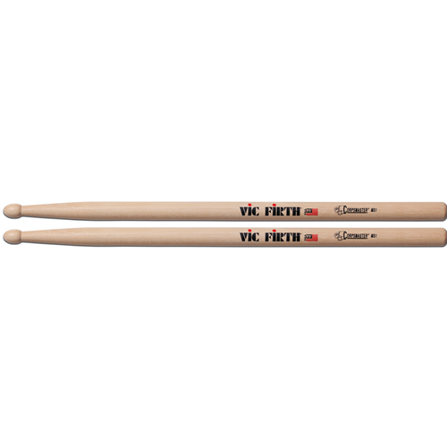 Vic Firth Corpsmaster Drum Stick.
Full oval tip and short taper bring out the dark sounds on drums and cymbals.

Shorter taper for more power
Large oval tip offers darker tones from drums and cymbals.