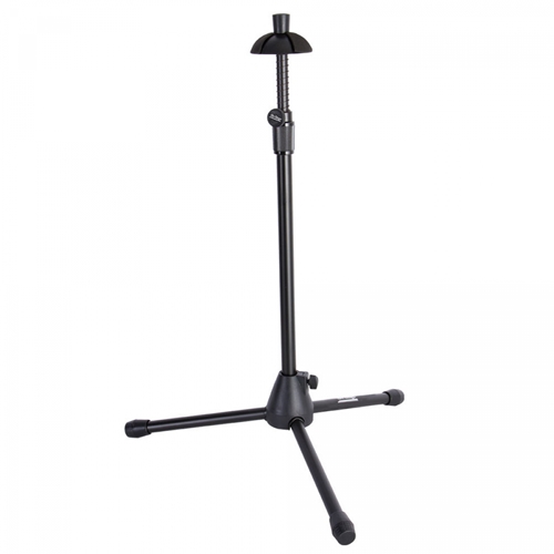 Safely store a trombone within easy reach with our TS7101B Trombone Stand. The stand securely holds a trombone upright so it doesn't lie on its keys or other delicate parts. Its spring-loaded bell support automatically adjusts to provide a snug, wobble-free hold for bells of various sizes. Padding at all contact points increases grip while protecting the instrument's finish. The wide tripod base provides balance that prevents tipping or falling and nonslip feet inhibit unwanted movement. The main shaft adjusts in height to accommodate use while the player is either sitting or standing.