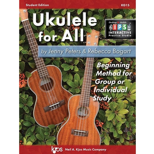 UKULELE FOR ALL is the ALL-timate beginning method for group or individual study of this popular, versatile and accessible instrument. The unique UFA pedagogy begins with one chord songs to give students instant success as they learn solo and ensemble skills. For today’s digital learners, the INTERACTIVE Practice Studio—included free—offers multi-screen video lessons, play-along audio recordings, and more for every song in the book. Bring Popular Music Education to your students with UKULELE FOR ALL!