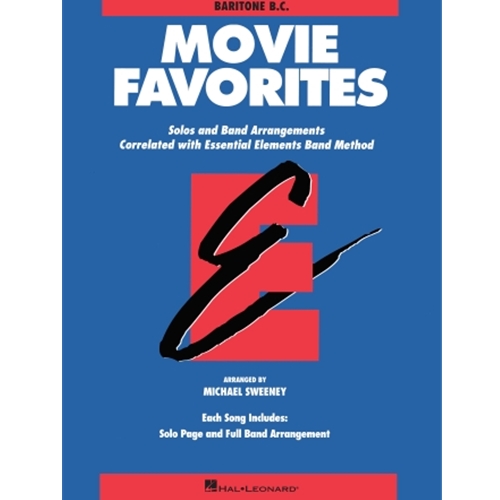 ESSENTIAL ELEMENTS MOVIE FAVORITES
Baritone B.C.
A collection of popular movie songs arranged to be played by either full band or by individual soloists with optional accompaniment CD or tape. Each arrangement is correlated with a specific page in the Essential Elements Band Method Books. Includes: Forrest Gump - Main Title, The John Dunbar Theme, Theme from “Jurassic Park,” Raiders March, Chariots of Fire, Apollo 13, Somewhere Out There, Man from Snowy River, Star Trek - The Motion Picture, Theme from E.T., and Back to the Future.