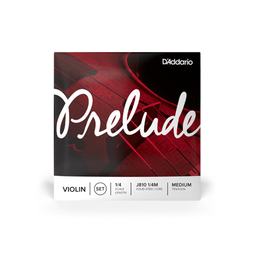 Prelude Violin String Set, 1/4 Scale, Medium Tension.
Scaled to fit 1/4 size violin with a playing length of 10 1/2 inches (265mm), these medium tension strings are optimized to the needs of a majority of players. Packaged in uniquely-designed sealed pouches providing unparalleled protection from the elements that cause corrosion.

Prelude violin strings are manufactured using a solid steel core. Unaffected by temperature and humidity changes, they have excellent bow response. Prelude strings have the warmest sound available in an affordable, solid steel core string design. Prelude is the educator's preferred choice for student strings due to their unique blend of warm tone, durability, and value.