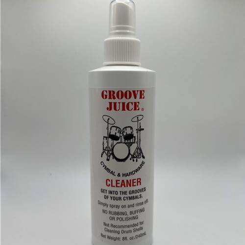 Groove Juice Cymbal Cleaner. 
Cymbal and Hardware Cleaner.
Simply spray on and rinse off.
No Rubbing, Buffing, or Polishing.
Not Reccommended for Cleaning Drum Shells.
8oz. / 240ml.