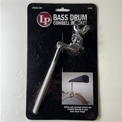 LP Bass Drum Cowbell Bracket.
- Clamps securely to the edge of a bass drum hoop.
- Includes 6-in, 3/8" diameter knurled mounting rod.
- Mount cowbell, tamborines or other percussion items quickly and easily. 
- Clamp is lined with soft rubber to prevent drum hoop from scratching. 
- Fits bass drum hoops up to 16mm thick.