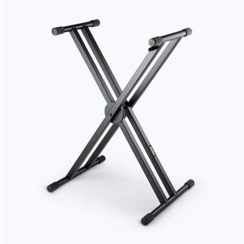 On-Stage KS7291 ERGO-LOK Double-X Keyboard Stand with Welded Construction.

- Double-braced frame and heavy-duty square tubing for dependable keyboard support.
- Clutch release is positioned high on the stand for efficient height and length adjustments.
- Nonslip arm sleeves adjust to keyboard width to increase stability and prevent scratches.
- Rubber feet prevent skids and vibrations to keep keyboards safely in place.