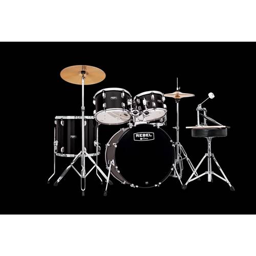 Mapex Rebel Drumset w/Cymbals - Black.

The Rebel Series by Mapex is designed to make the first experience playing drums one to always remember. The set comes equipped with stands, cymbals, throne, pedals, and sticks. The shells are made of poplar for plenty of tone, and the bass drum delivers solid low-end punch while keeping the toms at a comfortable height for the average 8-12-year-old.

The Rebel by Mapex 5-piece set includes a short 10"x7" and 12"x8" rack toms, 16"x14" floor toms, 14"x 5"snare drum and a 22" x 16" bass drum. The short toms provide a quick response and allow for easier tom placement. The Rebel by Mapex series has poplar shells for a full, solid tone with durable coverings.