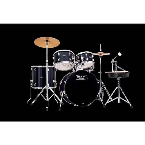 Mapex Rebel Drumset w/ Cymbals - Royal Blue.

The Rebel Series by Mapex is designed to make the first experience playing drums one to always remember. The set comes equipped with stands, cymbals, throne, pedals, and sticks. The shells are made of poplar for plenty of tone, and the bass drum delivers solid low-end punch while keeping the toms at a comfortable height for the average 8-12-year-old.

The Rebel by Mapex 5-piece set includes a short 10"x7" and 12"x8" rack toms, 16"x14" floor toms, 14"x 5"snare drum and a 22" x 16" bass drum. The short toms provide a quick response and allow for easier tom placement. The Rebel by Mapex series has poplar shells for a full, solid tone with durable coverings.