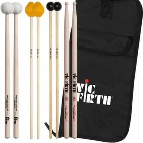 Vic Firth Intermediate Education Pack - EP2A 
The EP2A includes all the high quality, essential tools the intermediate percussion student needs to be successful and grow as they develop as a player.

Pair of SD1 General Snare Drum Sticks

American Custom Keyboard M3 - Medium - Mallets feature a medium mushroom head for all-around playing on xylophone and marimba

American Custom Keyboard M6 - Hard Phenolic 1" ball for all-around playing on bells and xylophone

American Custom Timpani T3 - Staccato Mallet for timpani and suspended cymbal swells