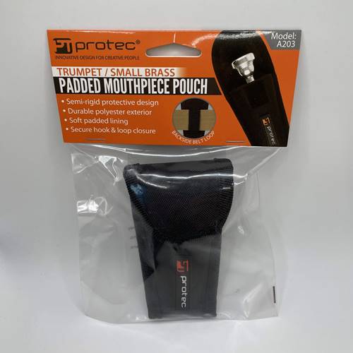 Protec Padded Nylon Trumpet Mouthpiece Pouch.

- Protec's mouthpiece pouches offer excellent protection with a slim and minimal design for easy and secure storage.

Fit Information:

Fits most trumpet mouthpieces. 

Exterior Features:

Tough exterior: Made of rugged 600D nylon. 
Semi-rigid structure: Unique firm structure provides excellent mouthpiece protection. 
Backside belt loop: Slide your belt or shoulder strap through for hands-free carrying and convenient access. 
Reinforced stitching: The entire pouch is stitched with high-quality thread and made to last. 
Strong closure: High-quality hook and loop closure keeps mouthpiece secure. 

Interior Features

Soft lining: Interior is lined with durable and non-abrasive, breathable nylex. 
Full mouthpiece protection: Individual sleeves cover the full length of the mouthpiece.