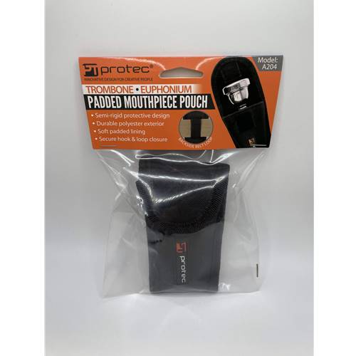 Protec Padded Nylon Trombone Mouthpiece Pouch.

Fit Information:
Fits most trombone mouthpieces. 

Exterior Features:

Tough exterior: Made of rugged 600D nylon. 
Semi-rigid structure: Unique firm structure provides excellent mouthpiece protection. 
Backside belt loop: Slide your belt or shoulder strap through for hands-free carrying and convenient access. 
Reinforced stitching: The entire pouch is stitched with high-quality thread and made to last. 
Strong closure: High-quality hook and loop closure keeps mouthpiece secure. 

Interior Features:

Soft lining: Interior is lined with durable and non-abrasive, breathable nylex. 
Full mouthpiece protection: Individual sleeves cover the full length of the mouthpiece.