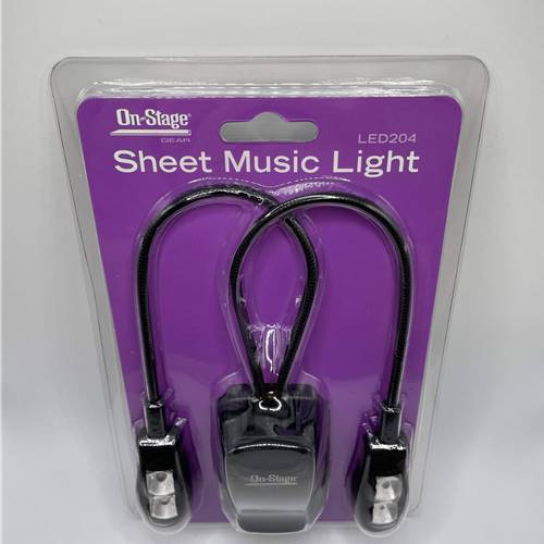 OnStage Clip-On LED Dual Arm Music Stand Light.

Clip securely grips music stands and other surfaces for convenient, reliable placement.
 Each lamp head independently switches between bright light, low light, or off modes to adapt to a variety of settings.
 Two flexible goosenecks enable precise light positioning.
 Two lamp heads each contain two high-intensity LEDs to clearly illuminate sheet music.