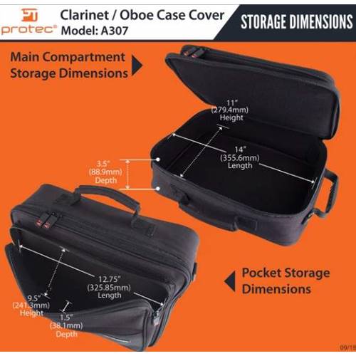 Protec Deluxe Clarinet Case Cover, Black.

Exterior Features:
 
Tough exterior: Made of rugged 600D nylon. 
Topside and subway handle: Comfortable and convenient grab handles with reinforced stitching. Subway handle is rubberized for optimum grip. 
Large gusseted front pocket: Perfect for storing smaller accessories. 
Shoulder strap: Features a large adjustable shoulder pad and strong lightweight clips. 
Backpackable: Want to go hands-free? This cover is compatible with our backpack straps (model BPSTRAP), sold separately.
Long-lasting zippers: Strong high-quality and custom-designed zippers. 
Rubber feet: Sturdy custom-designed rubber feet to protect the bottom of the cover. 
ID tag: Includes ID luggage tag with secure buckle for easy identification. 

Interior Features:
 
Soft lining: Interior is lined with durable and non-abrasive nylex. 
Insulated padding: Helps to stabilize temperature and protect sensitive gear.