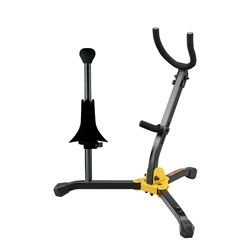 The HERCULES Saxophone Multi-Stand DS533BB features a folding yoke, an adjustable backrest, and locking pins that all safely and securely hold a Tenor or Alto Saxophone; includes an additional peg for a Soprano Saxophone.