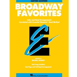 ESSENTIAL ELEMENTS BROADWAY FAVORITES
Eb Baritone Saxophone
Series: Essential Elements Band Folios
Format: Softcover
Composer: Various
Arranger: Michael Sweeney
Level: 1-1.5

A collection of Broadway songs arranged to be played by either full band or by individual soloists with optional accompaniment CD or tape. Each arrangement is correlated with a specific page in the Essential Elements Band Method Books. Includes: Beauty and the Beast, Cabaret, Circle of Life, Don't Cry for Me Argentina, Edelweiss, Get Me to the Church on Time, Go Go Go Joseph, I Dreamed a Dream, Memory, The Phantom of the Opera, and Seventy Six Trombones.